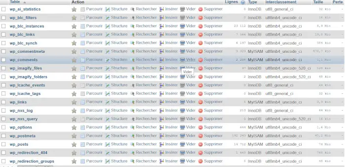 Liste des tables de MySQL