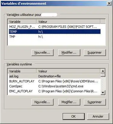 Variables temporaires du système Windows