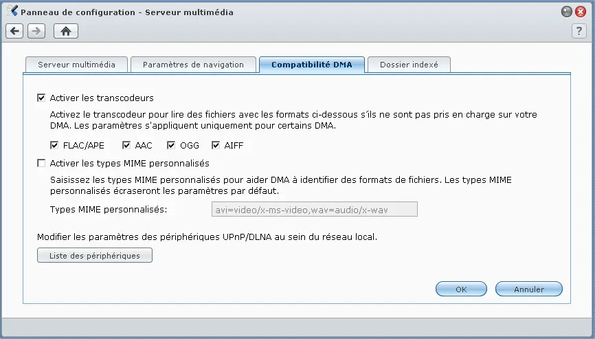 Options de compatibilité DLNA d'un nas Synology