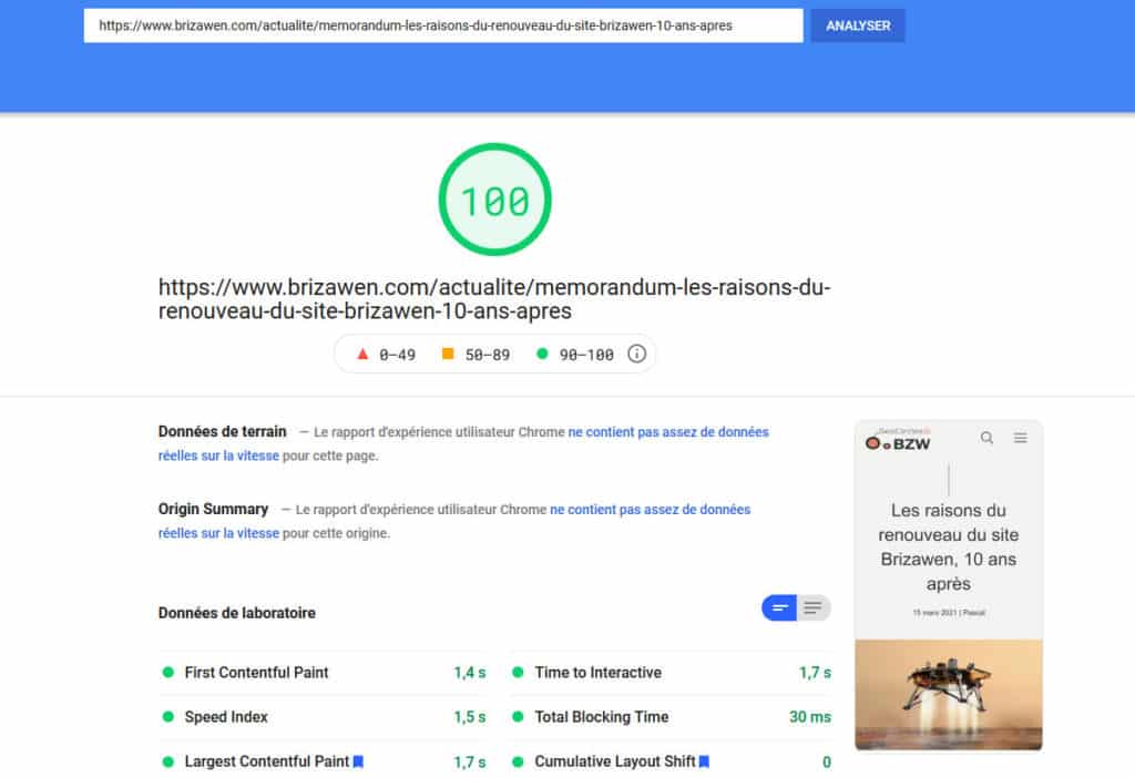 Vitesse mobile de PageSpeed Insights de Google du site Brizawen 