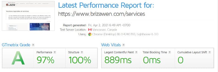 Vitesse sur Gtmetrix du site Brizawen