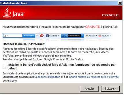 Mise à jour de java et installation forcée de logiciels publicitaires