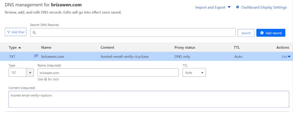 Ajouter une entrée dns sur Cloudflare de vérification Migadu